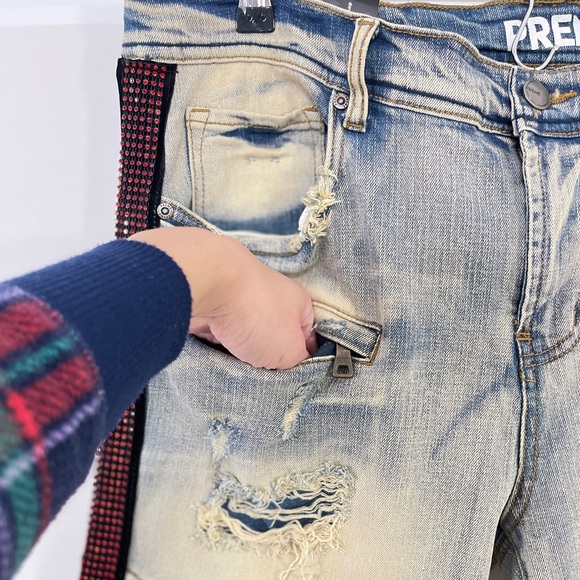 PREME Eldredge Rhinestone Stripe Denim 36x33 Light Wash Distressed Moto Jeans - Picture 5 of 16